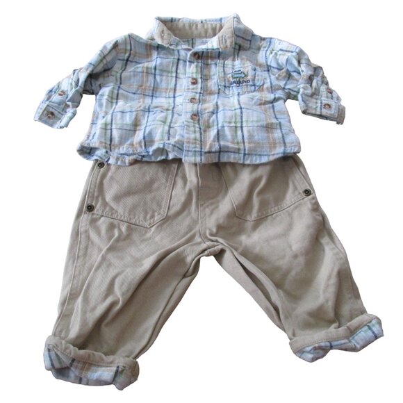 2 Pc Button Up Shirt Pants Outfit Boys Size‎ 3-6M Tan Plaid Long Sleeve Khaki - Picture 1 of 10